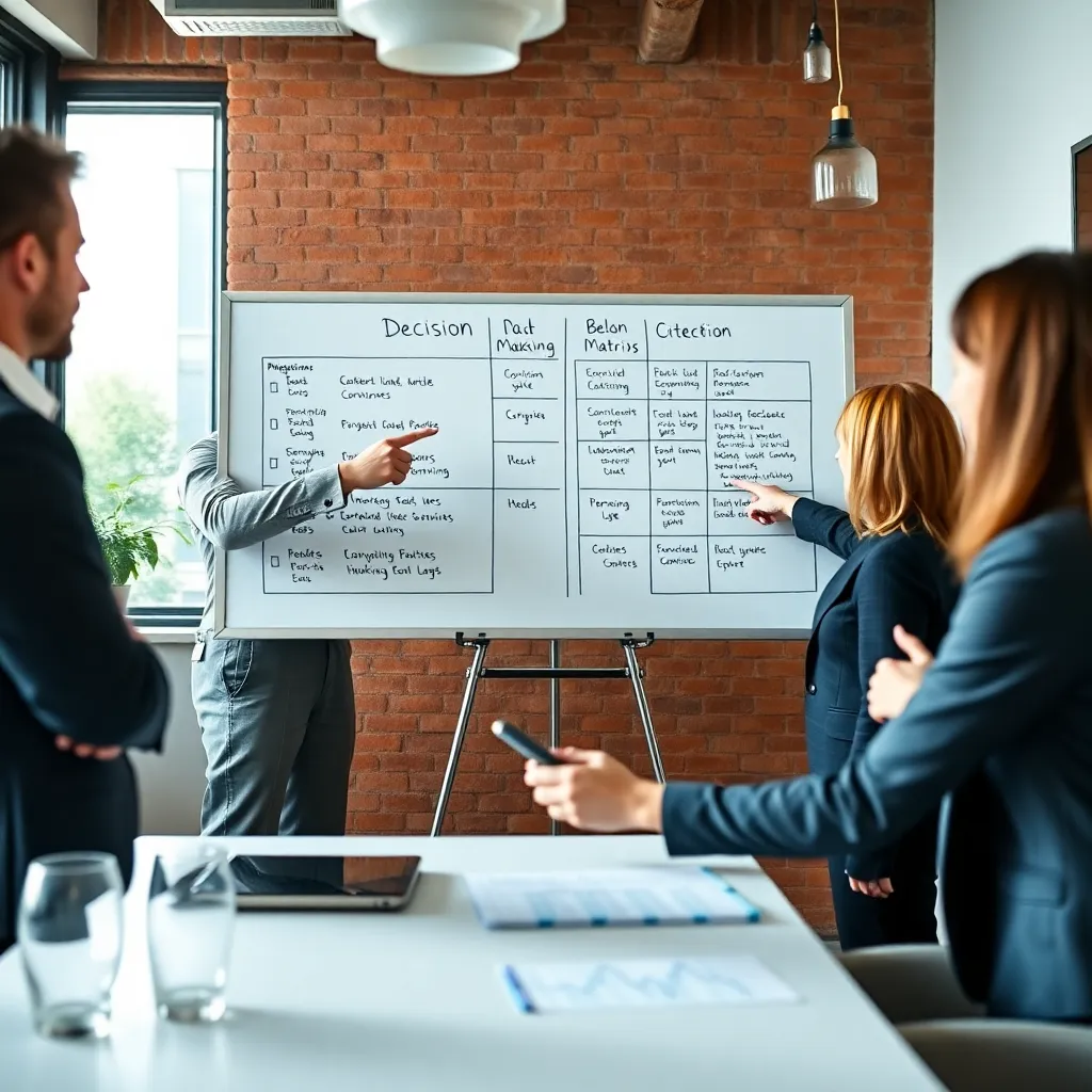 Professionals analyseren een beslissingsmatrix op een whiteboard