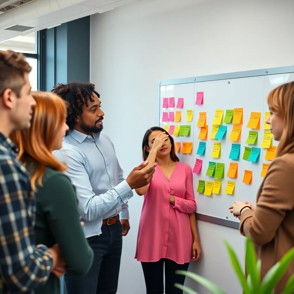 Diverse professionals in een Nederlandse designsprint werken samen aan een whiteboard vol met post-its
