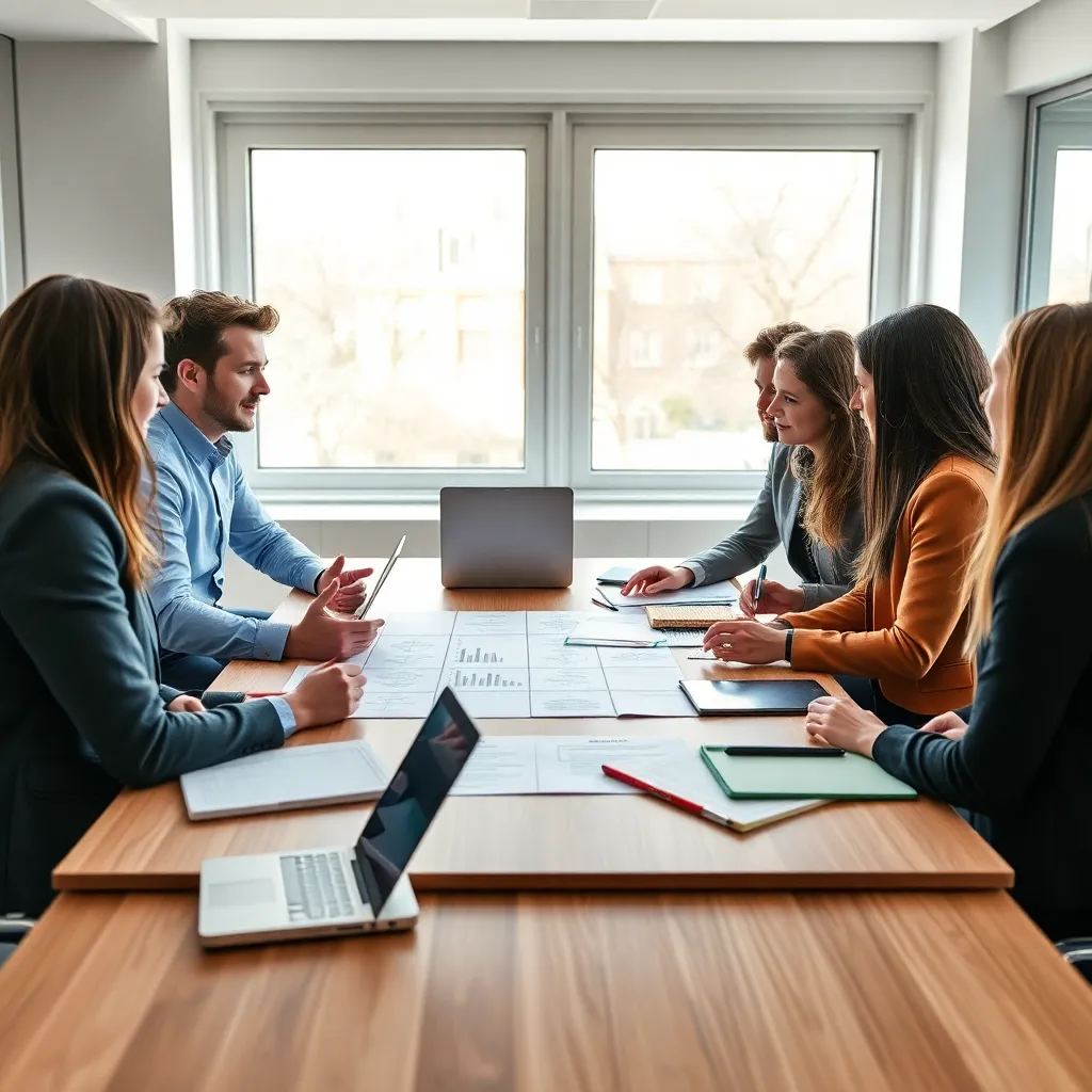 Professionele vergadering waar een team beslissingsmatrix bespreekt