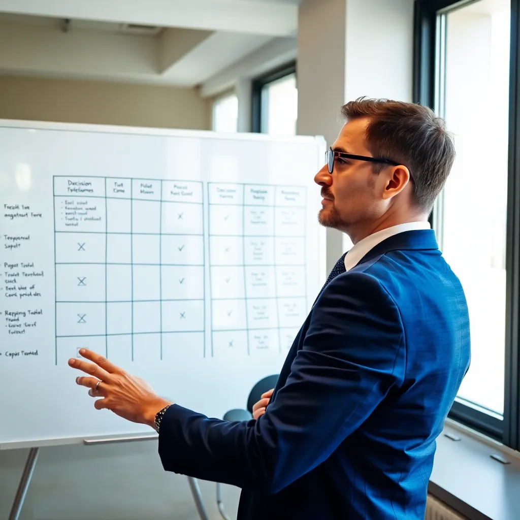 Nederlandse manager die een besluitvormingsmatrix gebruikt op kantoor