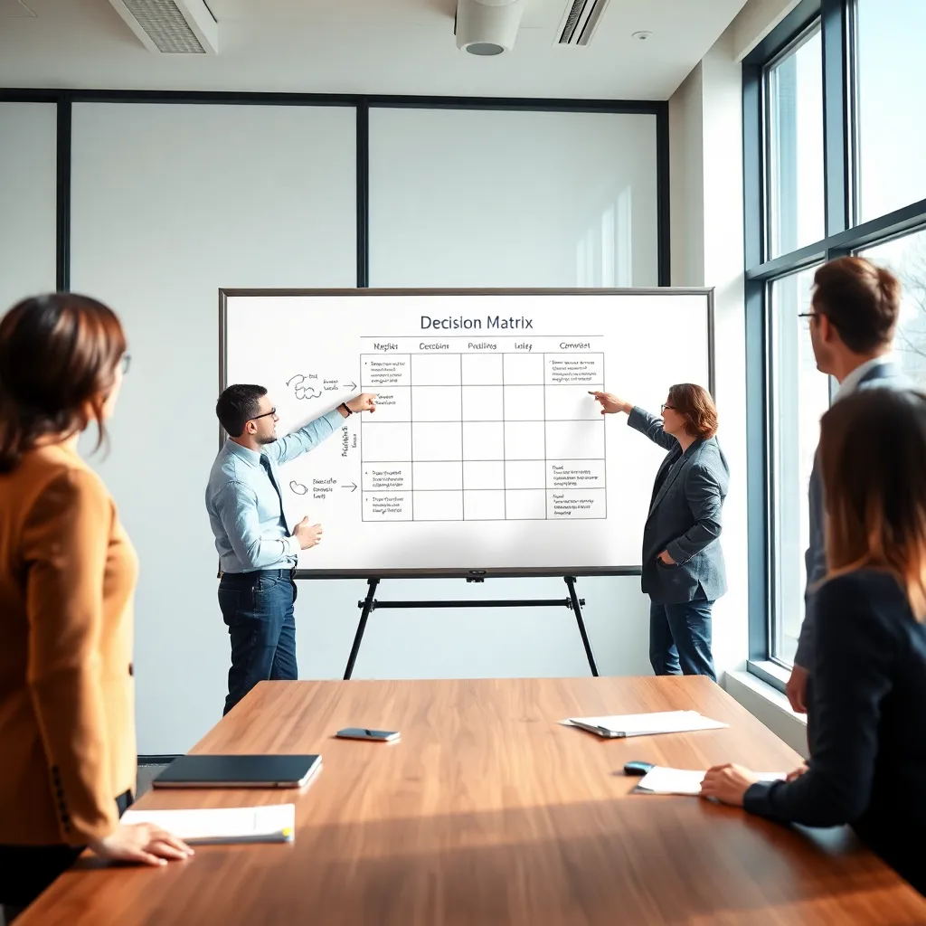 Professioneel team werkt aan beslissingsmatrix op whiteboard