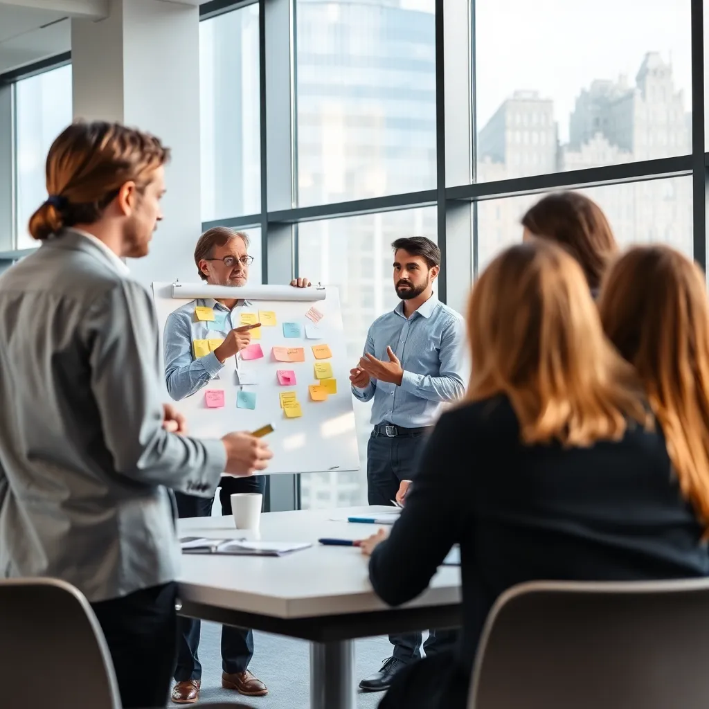 Facilitator leidt een Nederlandse consensusbijeenkomst met flip-over en post-its