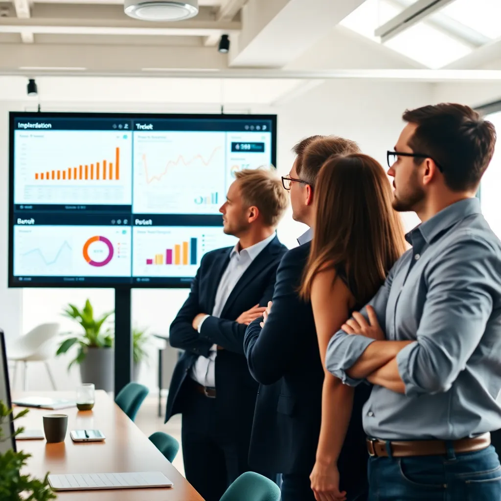 Professionals bespreken datavisualisaties in een moderne kantooromgeving